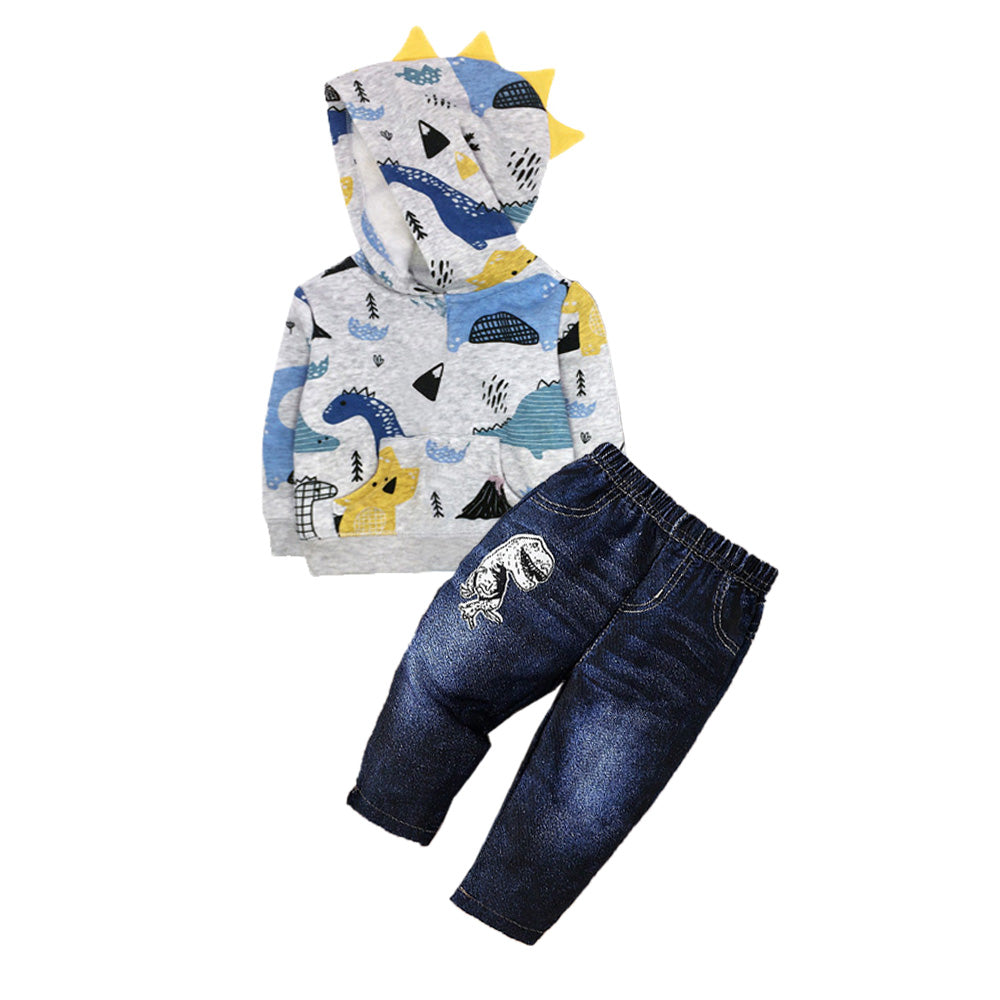 2Pcs Boys' Dinosaur Graphic Hoodie & Denim Pants Set Stylish for Fall  Winter and Spring