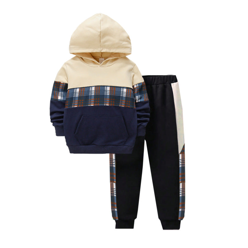 2 Pcs Boys Hoodie Color Block Sweatshirt and Casual Pants Set