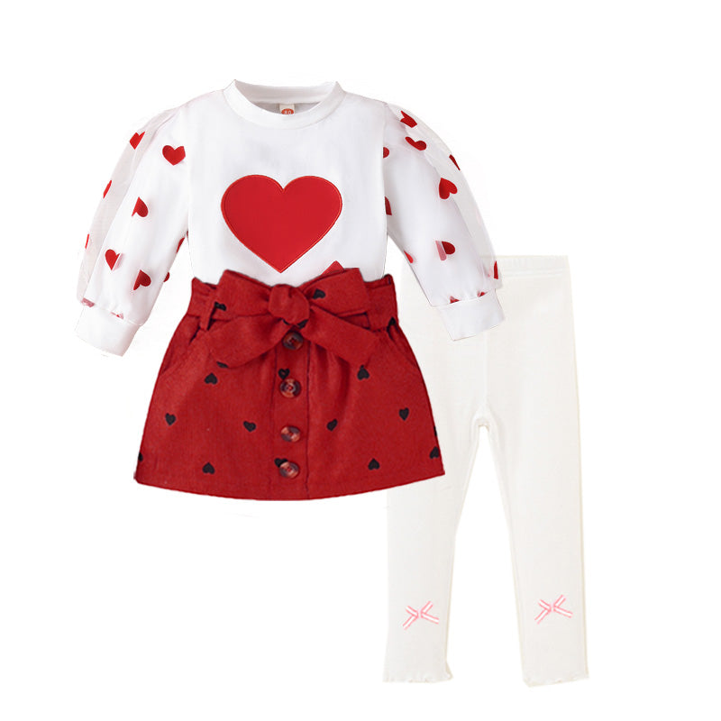 3Pcs Girls' Heart Print Round Neck Top with Mesh Sleeves, Tie Waist Skirt and Tights Set