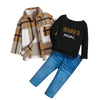 3pcs Girls Outfit Plaid Shirt Leopard Print Letter T Shirt and Stretch Denim Jeans