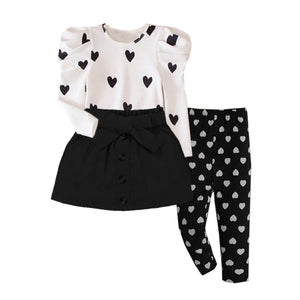 3pcs Girls Fashion Heart Print Puff Sleeve Top Bow Tie Skirt and Tights Set