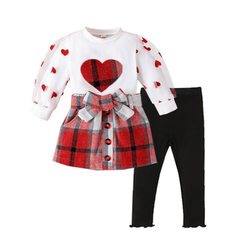 3Pcs Girls' Heart Print Round Neck Top with Mesh Sleeves, Tie Waist Skirt and Tights Set