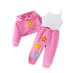 3 Pcs Baby Girl Floral Hoodie Sweatshirt Set with Pants and Top