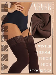 HONENNA Fleece Lined Thigh High Stockings, Stay Up Lace Top Opaque Winter Warm Tights for Women, medias térmicas mujer