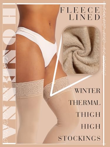 HONENNA Fleece Lined Thigh High Stockings, Stay Up Lace Top Opaque Winter Warm Tights for Women, medias térmicas mujer