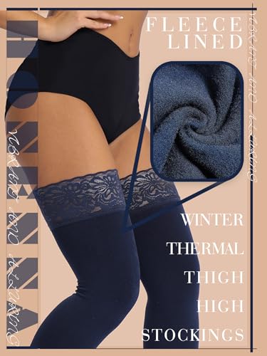 HONENNA Fleece Lined Thigh High Stockings, Stay Up Lace Top Opaque Winter Warm Tights for Women, medias térmicas mujer