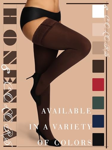 HONENNA Fleece Lined Thigh High Stockings, Stay Up Lace Top Opaque Winter Warm Tights for Women, medias térmicas mujer