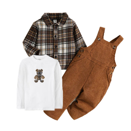 3Pcs Plaid Shirt Suspender Pants and Bear Print T Shirt for Spring Fall and Winter