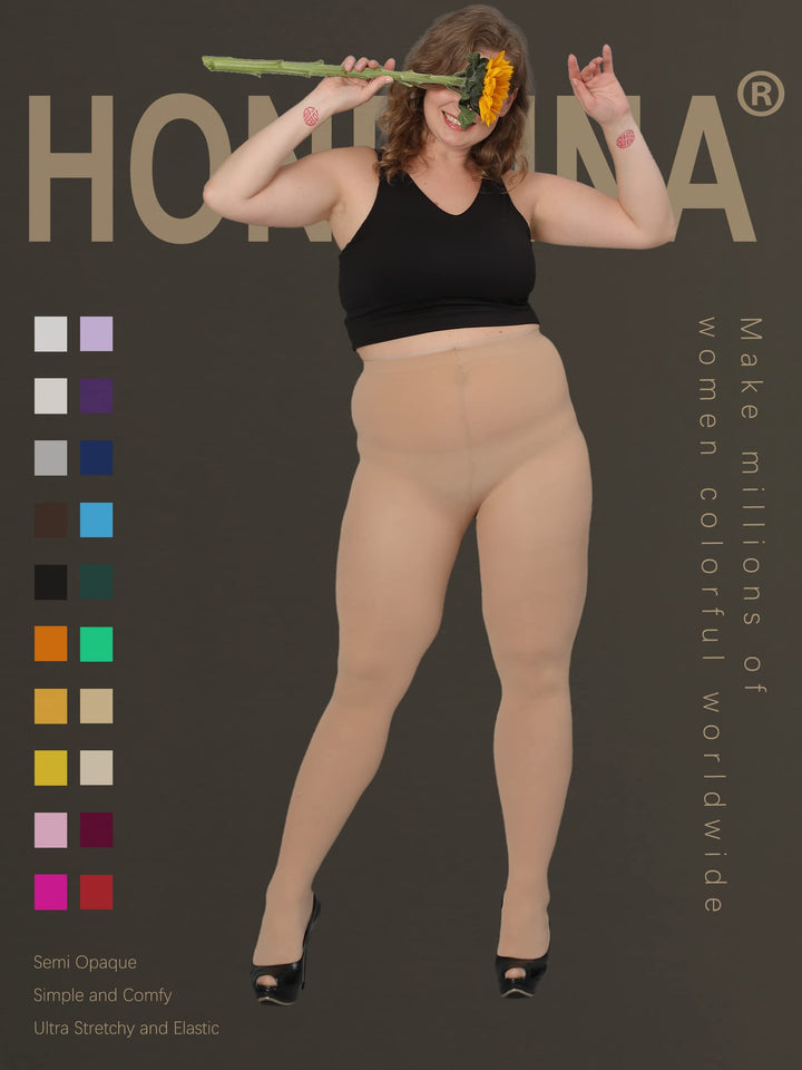 HONENNA Queen Plus Size Tights Semi Opaque Control Top High Waist Stockings Nylons Pantyhose for Women 1X 2X 3X 4X 5X 6X