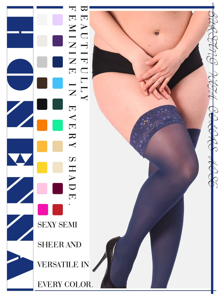 HONENNA Plus Size Thigh High Stockings, Semi Sheer Stay Up Lingerie Lace Top Pantyhose for Curvy Women