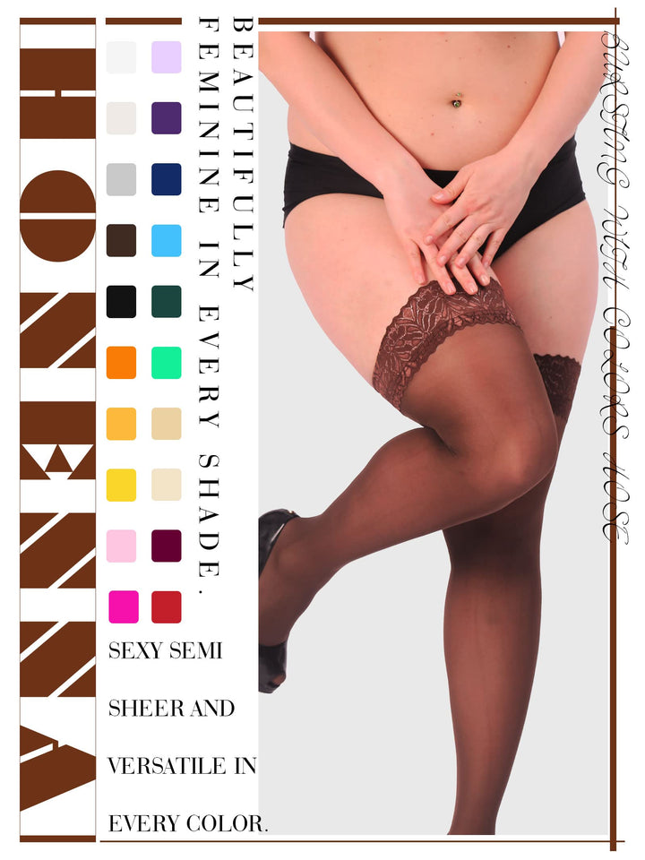 HONENNA Plus Size Thigh High Stockings, Semi Sheer Stay Up Lingerie Lace Top Pantyhose for Curvy Women