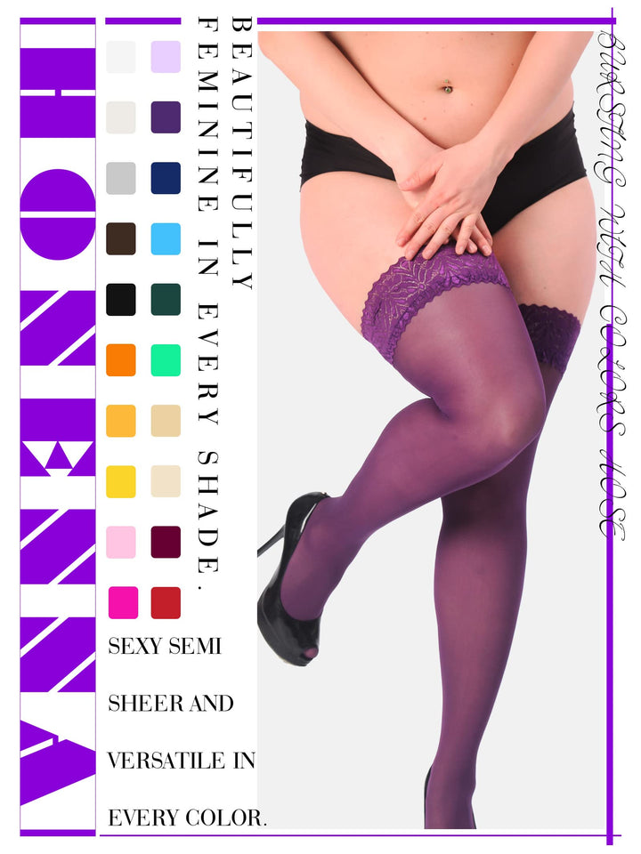 HONENNA Plus Size Thigh High Stockings, Semi Sheer Stay Up Lingerie Lace Top Pantyhose for Curvy Women