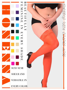 HONENNA Plus Size Thigh High Stockings, Semi Sheer Stay Up Lingerie Lace Top Pantyhose for Curvy Women