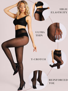 HONENNA T-Crotch Sheer Pantyhose for Women Ultra Thin Reinforced Toe High Waist Control Top Stockings 2 Pairs