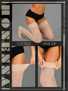 HONENNA Semi Sheer Stay Up Lingerie Thigh High Stockings Lace Top Size A-F