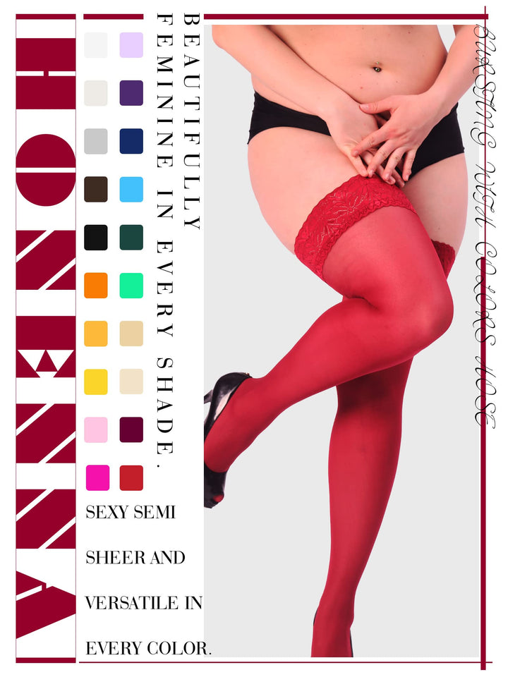 HONENNA Plus Size Thigh High Stockings, Semi Sheer Stay Up Lingerie Lace Top Pantyhose for Curvy Women