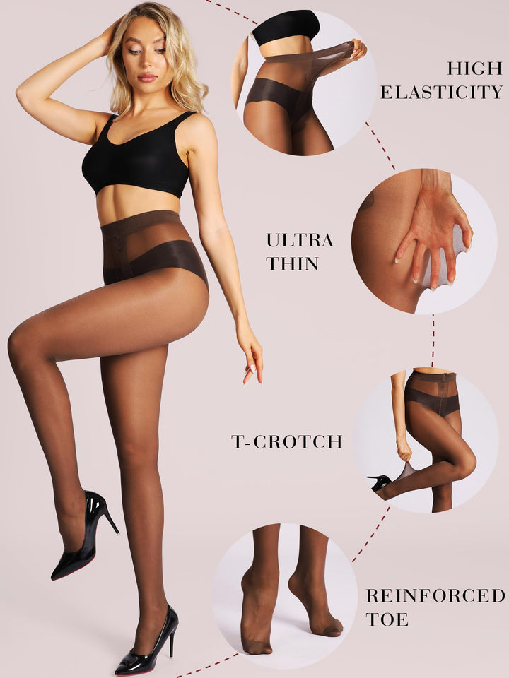 HONENNA T-Crotch Sheer Pantyhose for Women Ultra Thin Reinforced Toe High Waist Control Top Stockings 2 Pairs