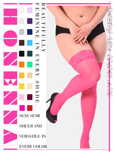 HONENNA Plus Size Thigh High Stockings, Semi Sheer Stay Up Lingerie Lace Top Pantyhose for Curvy Women