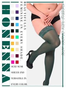 HONENNA Plus Size Thigh High Stockings, Semi Sheer Stay Up Lingerie Lace Top Pantyhose for Curvy Women