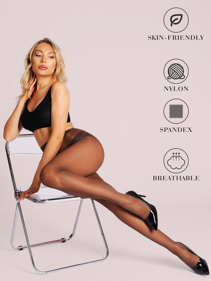 HONENNA T-Crotch Sheer Pantyhose for Women Ultra Thin Reinforced Toe High Waist Control Top Stockings 2 Pairs