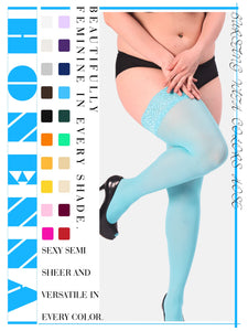 HONENNA Plus Size Thigh High Stockings, Semi Sheer Stay Up Lingerie Lace Top Pantyhose for Curvy Women