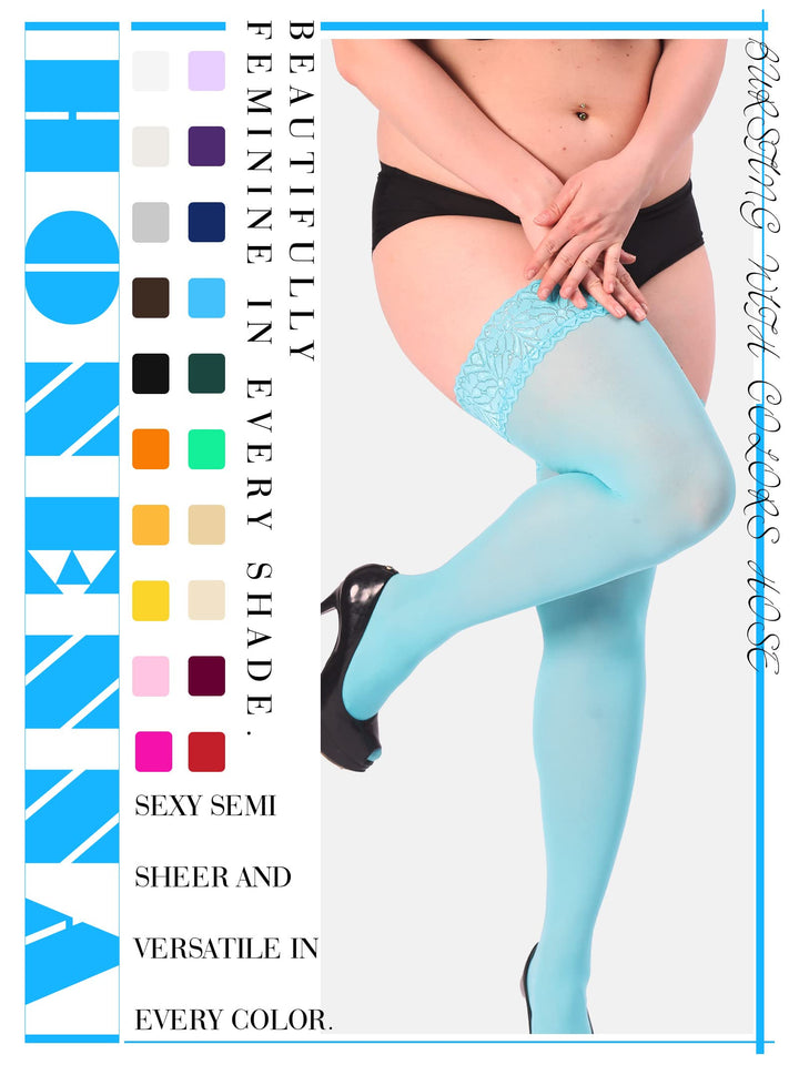 HONENNA Plus Size Thigh High Stockings, Semi Sheer Stay Up Lingerie Lace Top Pantyhose for Curvy Women