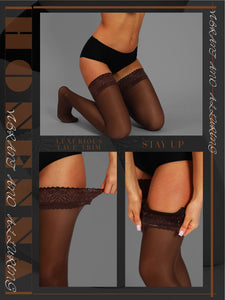 HONENNA Semi Sheer Stay Up Lingerie Thigh High Stockings Lace Top Size A-F