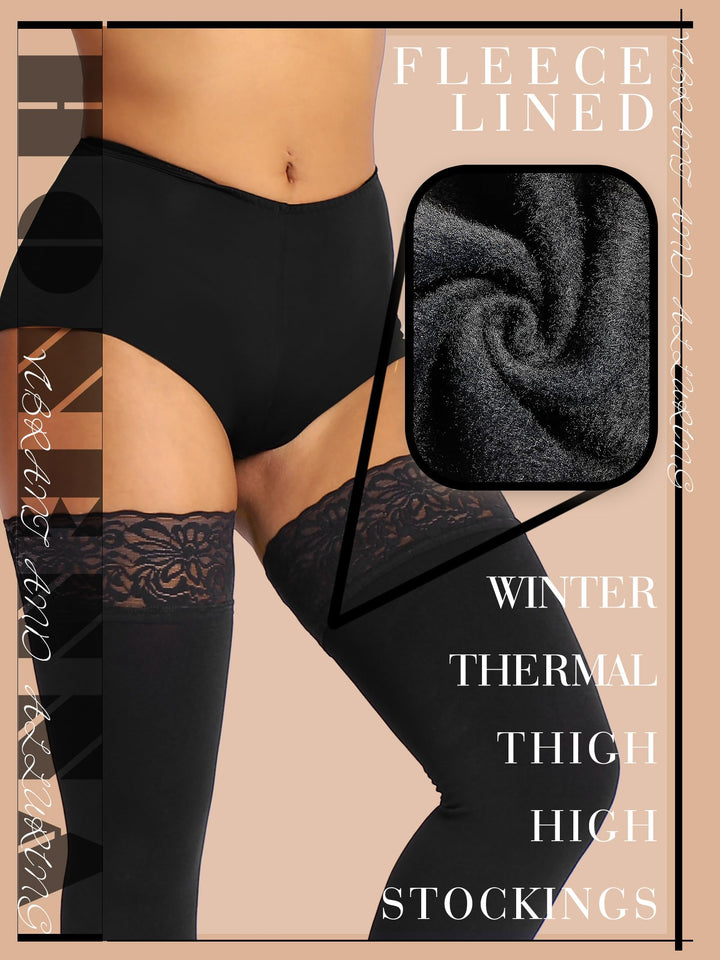 HONENNA Fleece Lined Thigh High Stockings, Stay Up Lace Top Opaque Winter Warm Tights for Women, medias térmicas mujer