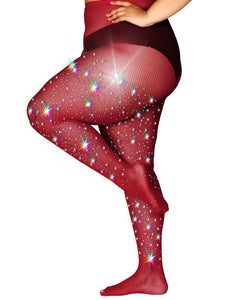 HONENNA Queen Plus Size 10X Strong Rhinestone Fishnet Stockings, Ultra Sparkly High Waist Tights for Women, Party Concert