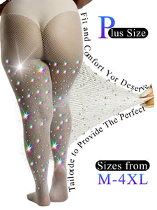 HONENNA Queen Plus Size 10X Strong Rhinestone Fishnet Stockings, Ultra Sparkly High Waist Tights for Women, Party Concert