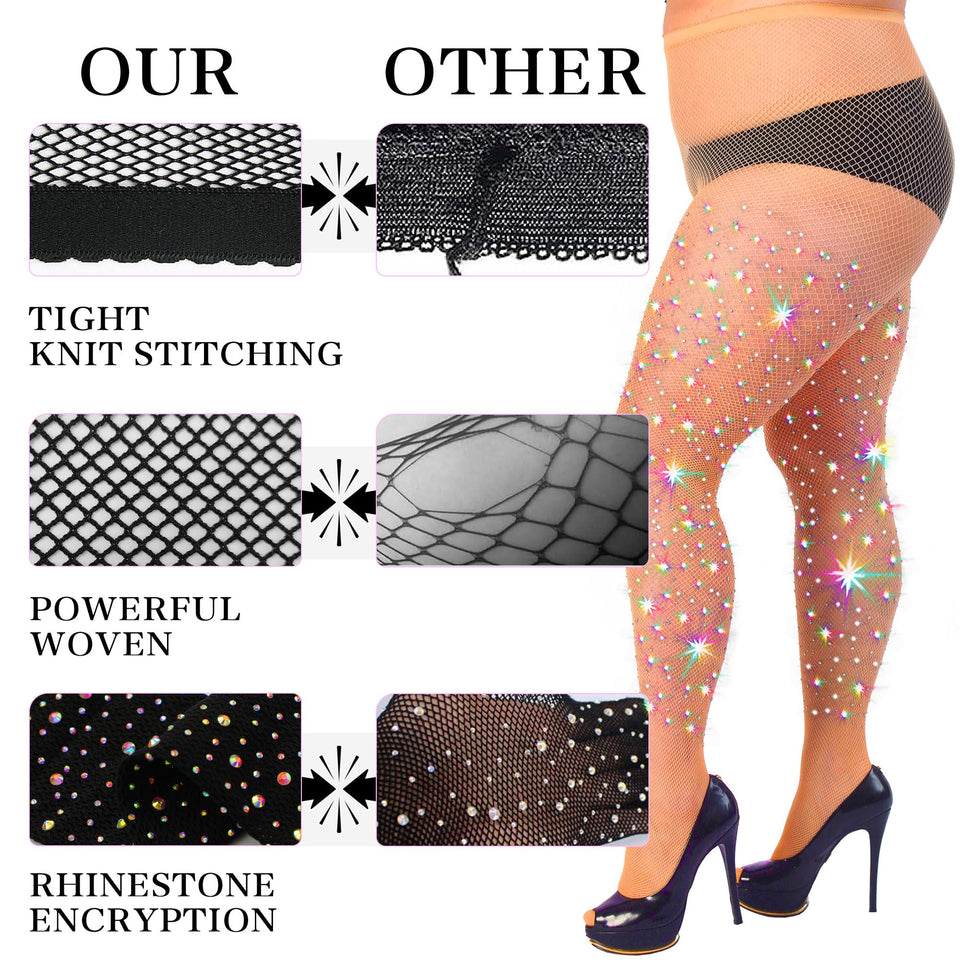 HONENNA Queen Plus Size 10X Strong Rhinestone Fishnet Stockings, Ultra Sparkly High Waist Tights for Women, Party Concert