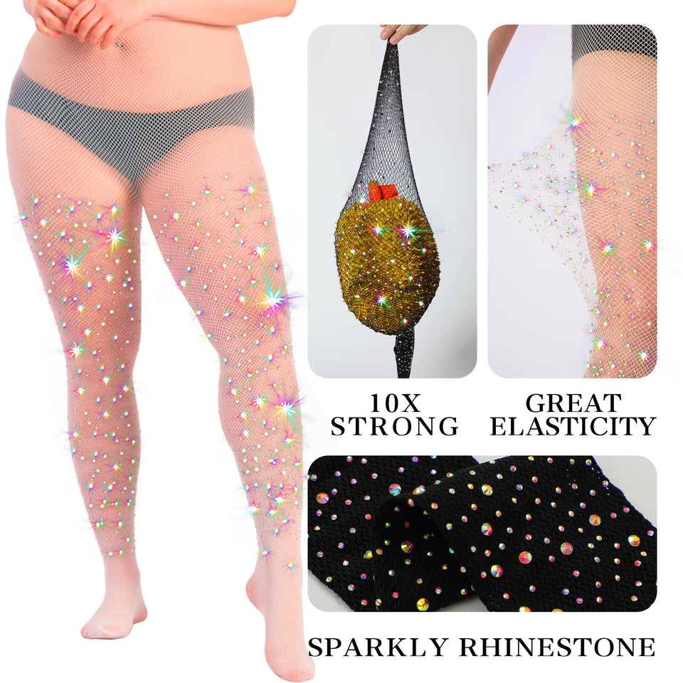 HONENNA Queen Plus Size 10X Strong Rhinestone Fishnet Stockings, Ultra Sparkly High Waist Tights for Women, Party Concert