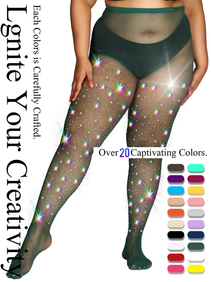 HONENNA Queen Plus Size 10X Strong Rhinestone Fishnet Stockings, Ultra Sparkly High Waist Tights for Women, Party Concert