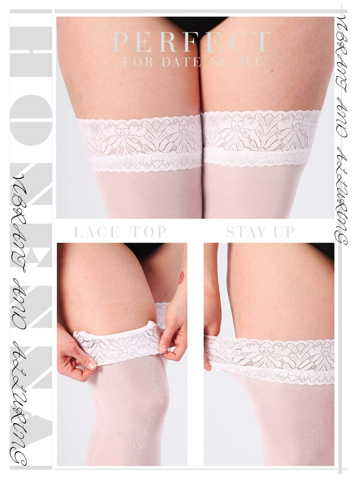 HONENNA Plus Size Thigh High Stockings, Semi Sheer Stay Up Lingerie Lace Top Pantyhose for Curvy Women