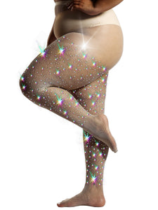 HONENNA Queen Plus Size 10X Strong Rhinestone Fishnet Stockings, Ultra Sparkly High Waist Tights for Women, Party Concert