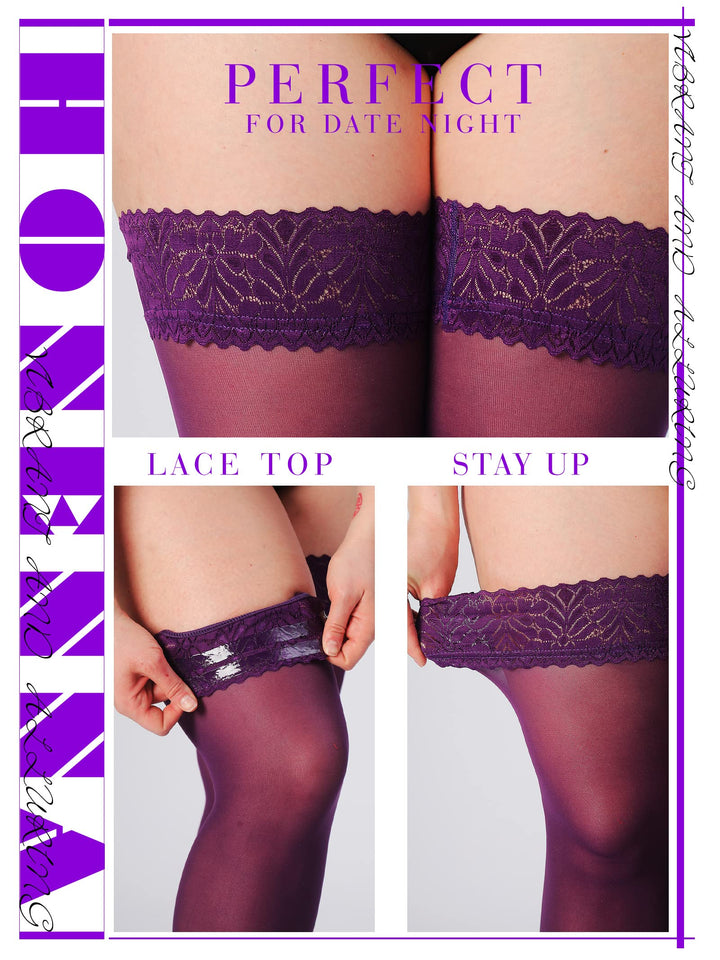 HONENNA Plus Size Thigh High Stockings, Semi Sheer Stay Up Lingerie Lace Top Pantyhose for Curvy Women