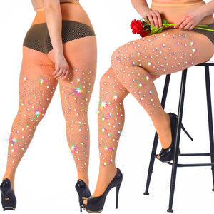 HONENNA Queen Plus Size 10X Strong Rhinestone Fishnet Stockings, Ultra Sparkly High Waist Tights for Women, Party Concert