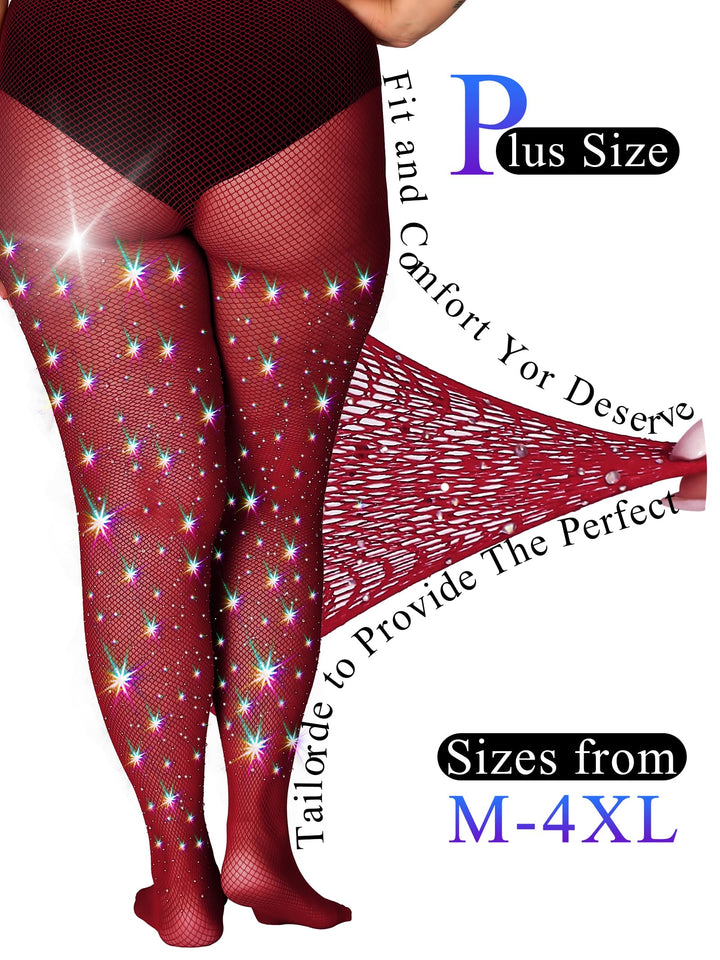 HONENNA Queen Plus Size 10X Strong Rhinestone Fishnet Stockings, Ultra Sparkly High Waist Tights for Women, Party Concert