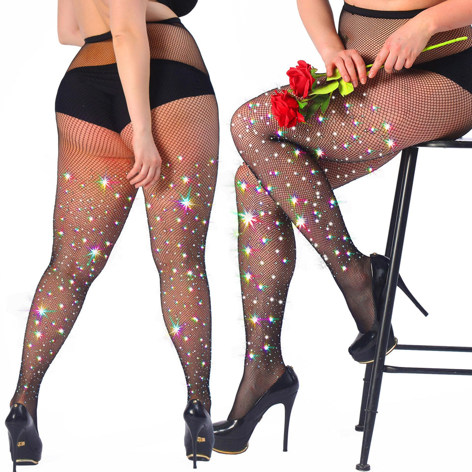 HONENNA Queen Plus Size 10X Strong Rhinestone Fishnet Stockings, Ultra Sparkly High Waist Tights for Women, Party Concert