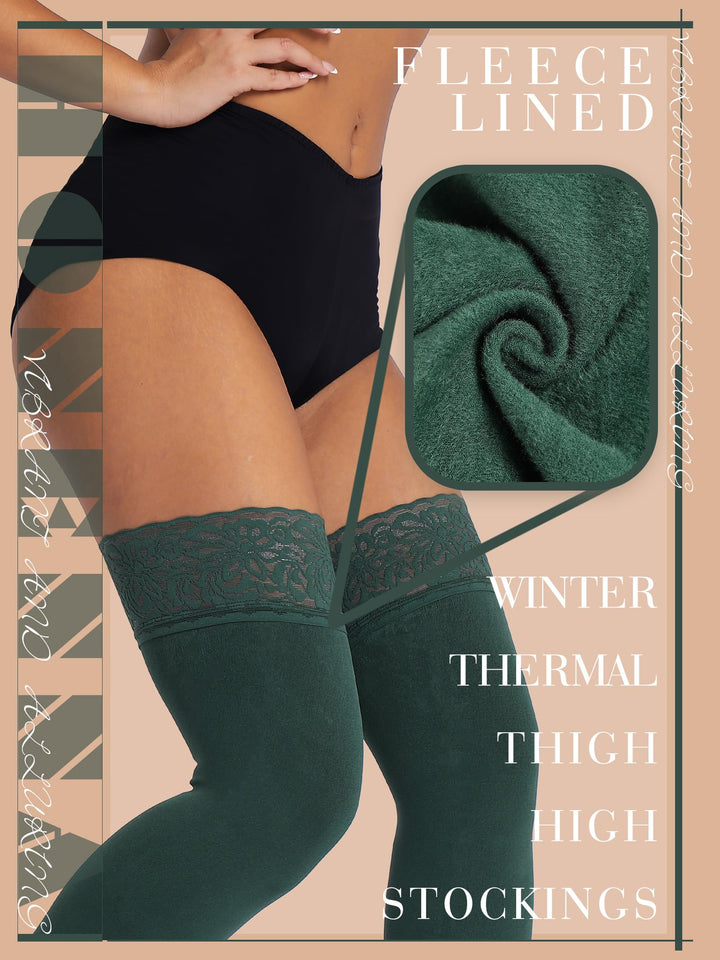 HONENNA Fleece Lined Thigh High Stockings, Stay Up Lace Top Opaque Winter Warm Tights for Women, medias térmicas mujer