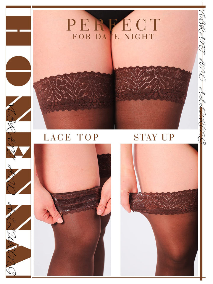 HONENNA Plus Size Thigh High Stockings, Semi Sheer Stay Up Lingerie Lace Top Pantyhose for Curvy Women