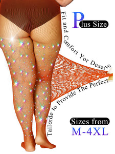 HONENNA Queen Plus Size 10X Strong Rhinestone Fishnet Stockings, Ultra Sparkly High Waist Tights for Women, Party Concert