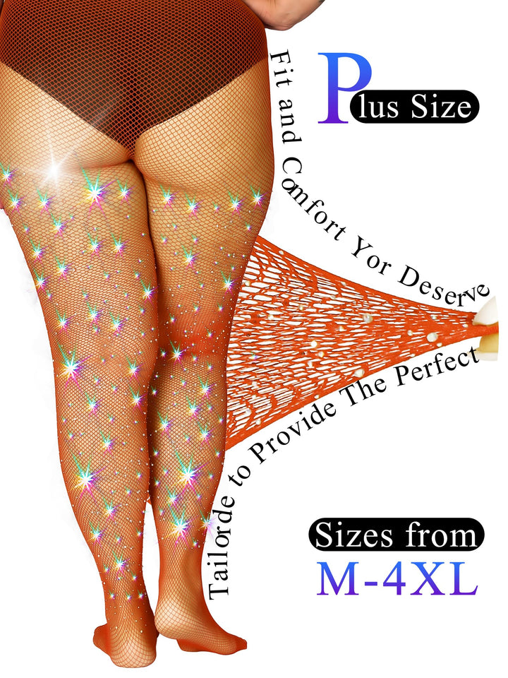 HONENNA Queen Plus Size 10X Strong Rhinestone Fishnet Stockings, Ultra Sparkly High Waist Tights for Women, Party Concert