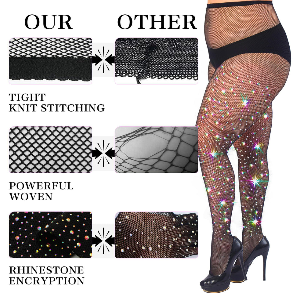 HONENNA Queen Plus Size 10X Strong Rhinestone Fishnet Stockings, Ultra Sparkly High Waist Tights for Women, Party Concert