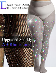 HONENNA Queen Plus Size 10X Strong Rhinestone Fishnet Stockings, Ultra Sparkly High Waist Tights for Women, Party Concert