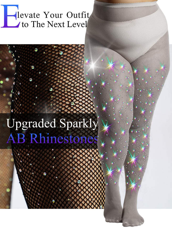 HONENNA Queen Plus Size 10X Strong Rhinestone Fishnet Stockings, Ultra Sparkly High Waist Tights for Women, Party Concert