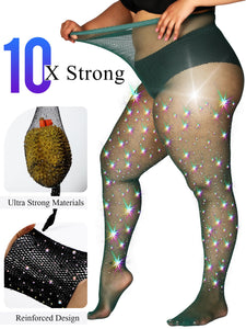 HONENNA Queen Plus Size 10X Strong Rhinestone Fishnet Stockings, Ultra Sparkly High Waist Tights for Women, Party Concert