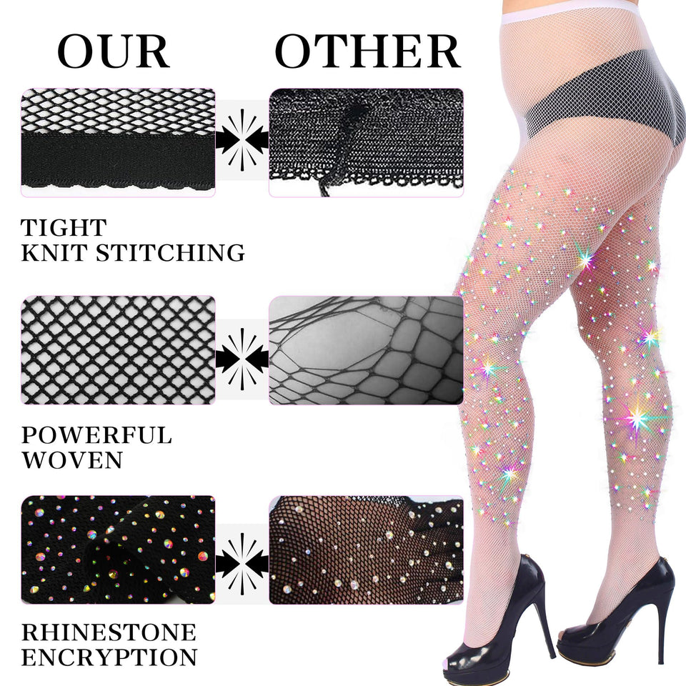 HONENNA Queen Plus Size 10X Strong Rhinestone Fishnet Stockings, Ultra Sparkly High Waist Tights for Women, Party Concert