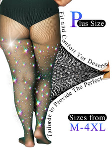 HONENNA Queen Plus Size 10X Strong Rhinestone Fishnet Stockings, Ultra Sparkly High Waist Tights for Women, Party Concert