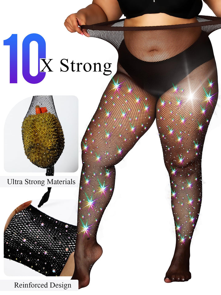 HONENNA Queen Plus Size 10X Strong Rhinestone Fishnet Stockings, Ultra Sparkly High Waist Tights for Women, Party Concert